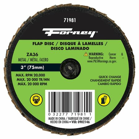 FORNEY Quick Change Flap Disc, 36 Grit, 3 in 71981